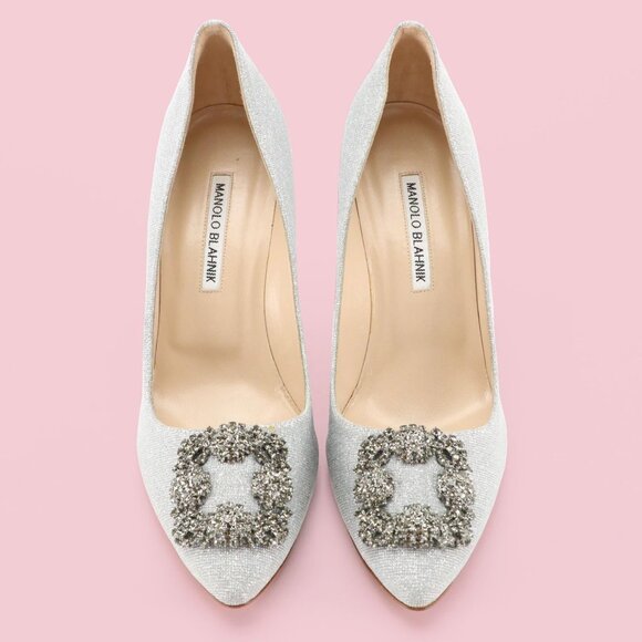 Manolo Blahnik Hangisi Silver Shimmery Embellished Pumps - Picture 2 of 8
